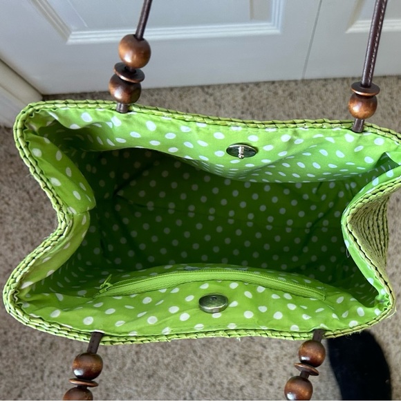 Sonoma life + style green straw weave purse bag wood/leather handle straps - Picture 3 of 6